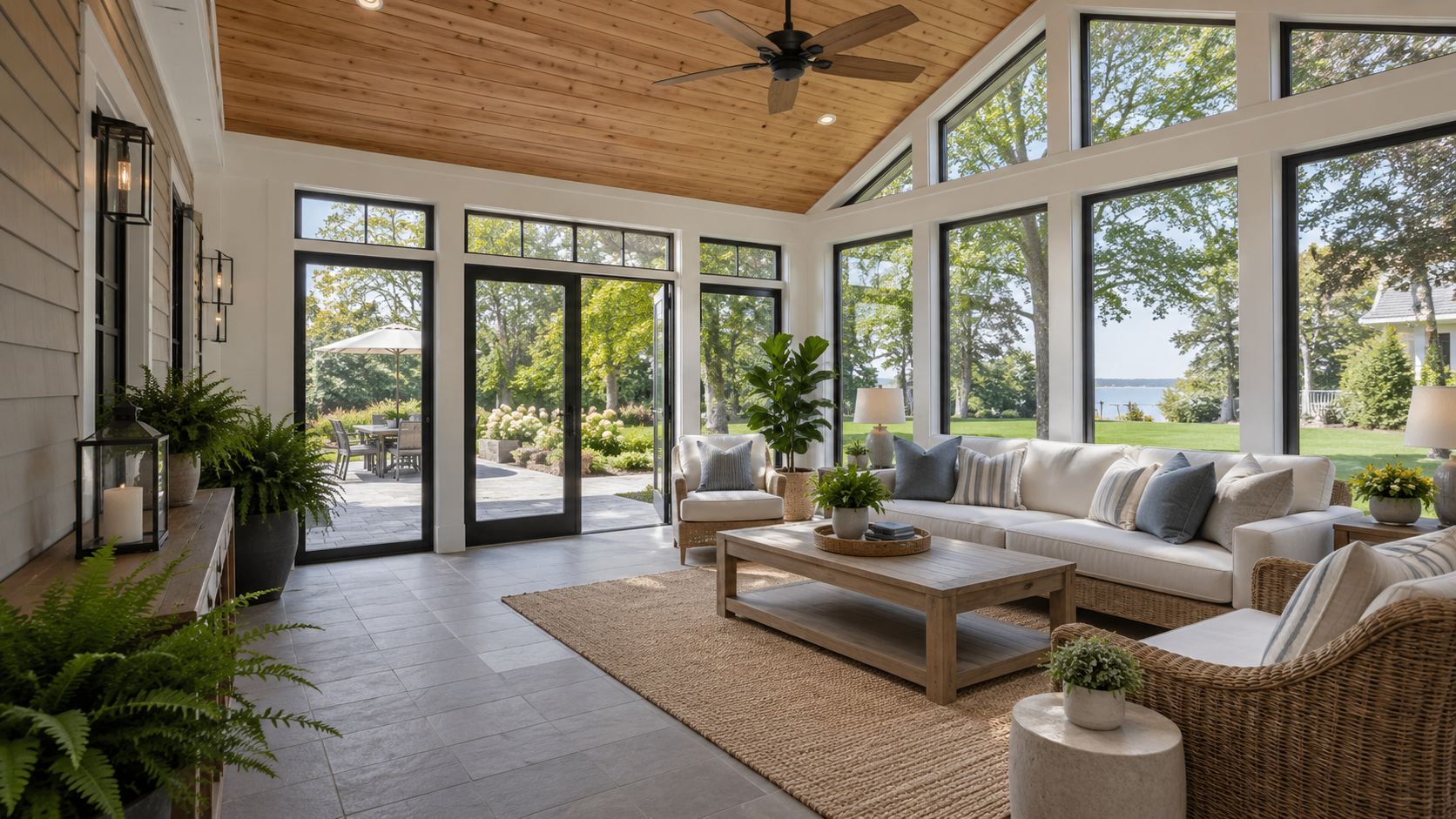 Bright all-season sunroom with white framing, black windows and a natural wood ceiling